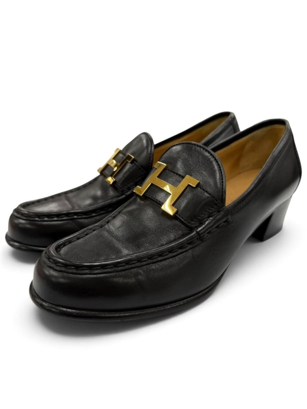 Hermes Constance Gold H Logo Leather Heels Loafers Pumps Black